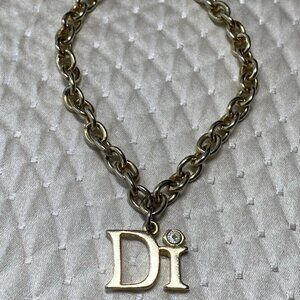 Vintage Christian Dior Gold Tone Charm Bracelet Di Logo Crystal 7.5”